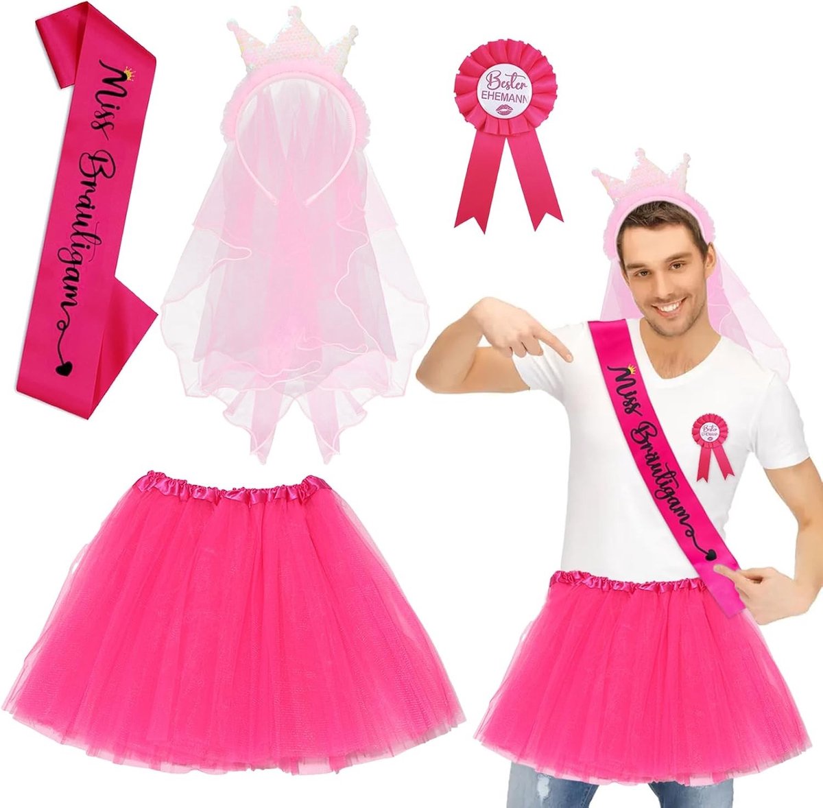 JGA Kostuum voor Mannen en Hen Party Outfit met Sluiertje, Kroon, Tutu en Sjaal voor Bruidsmeisje, Feestaccessoires voor Vrijgezellenfeest