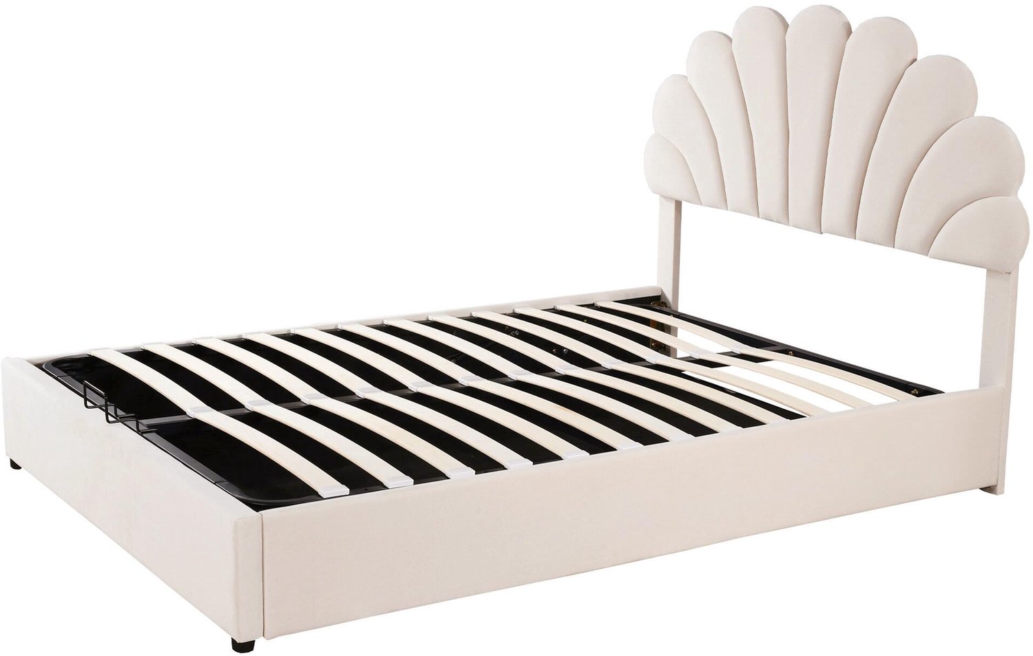 MUVANO Gestoffeerd bed 140 x 200 cm - beige fluwelen bed met bloemenhoofdbord, hydraulische opbergruimte en verstelbaar hoofdbord