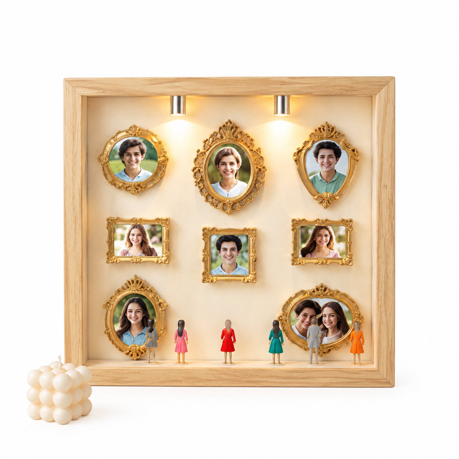 SWGOTA Vierkante MDF-displaylijst in houtkleur, binnenmaat 20,3 x 20,3 x 3 cm, tafelmodel met 2 lampjes