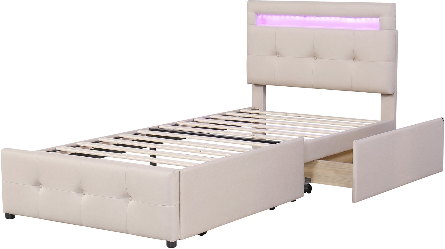 MUVANO Gestoffeerd eenpersoonsbed 90 x 200 cm - beige bed met LED-verlichting - twee opbergladen - houten bed met lattenbodem voor slaapkamer en kinderkamer