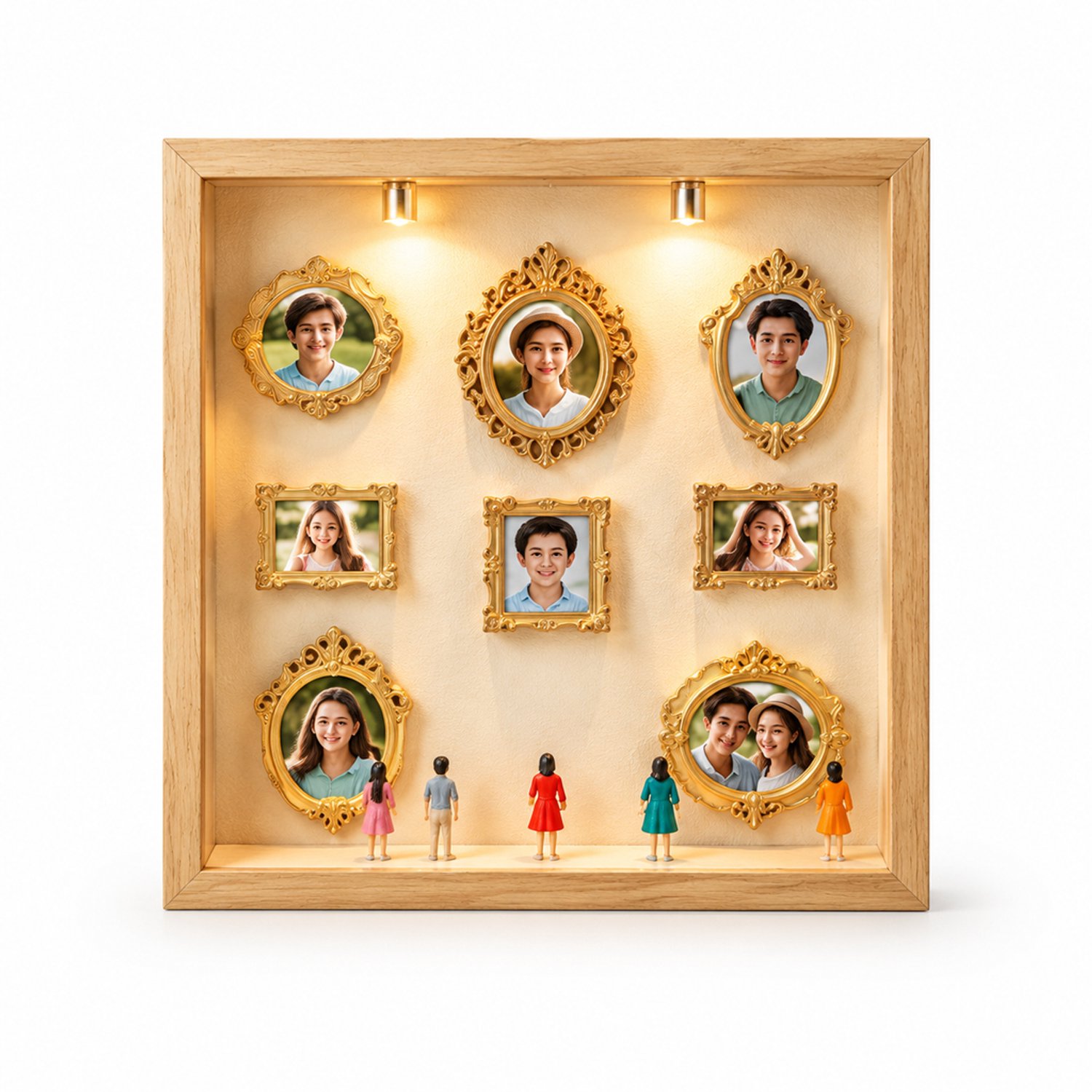 SWGOTA Zwarte MDF-displaylijst voor op tafel, binnenmaat 20,3 x 20,3 x 3 cm, met 8 miniatuurlijstjes, 8 willekeurige figuurtjes en 2 lampjes