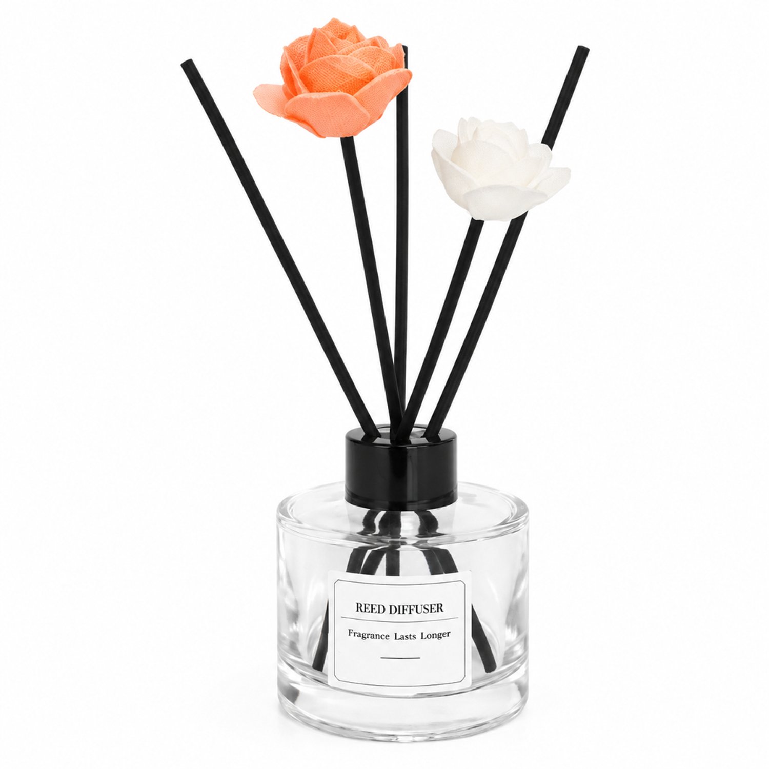 SWGOTA Geurstokjes Nieuwe witte thee 100 ml - Zonder vlam - Glazen fles met oranje en witte bloemendecoraties - In doos Zwart