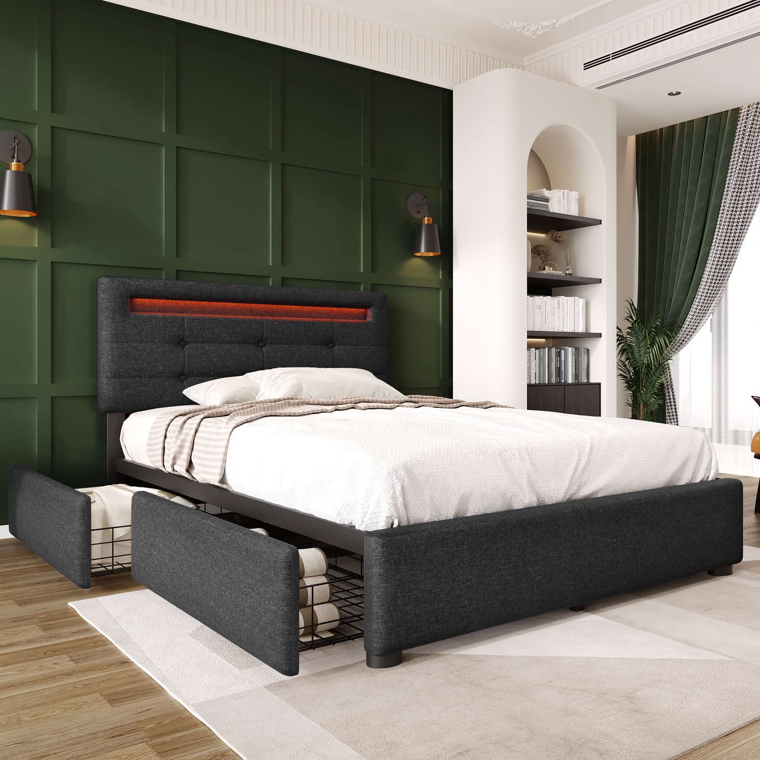 MUVANO Bedframe 90x200 cm met twee lades - Eenpersoonsbed met ledverlichting - Linnen en houten lattenbodem - Verstelbaar hoofdbord - Slaapkamer grijs