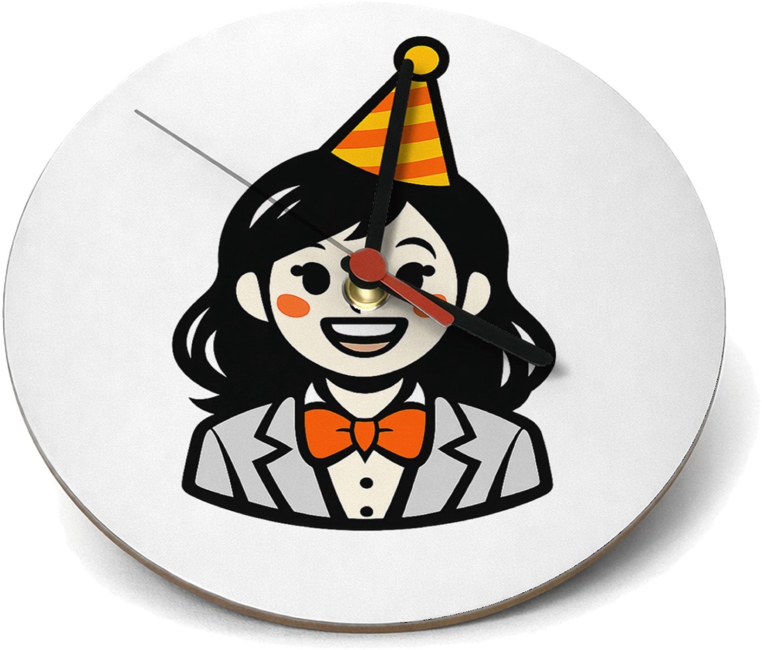 Mr Cadeautjes Klok rond Ø 19 - design Vrolijke, nette cartoonfiguur met feestelijke accessoire en | cadeau Wit