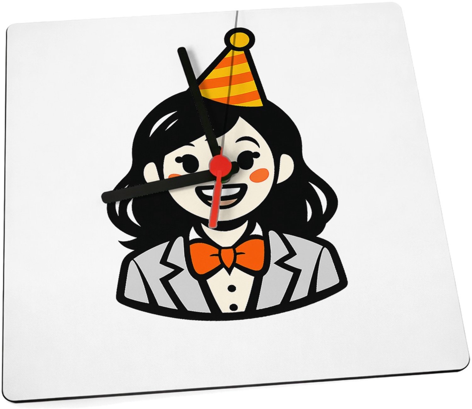 Mr Cadeautjes Klok 19 x 19 - design Vrolijke, nette cartoonfiguur met feestelijke accessoire en | cadeau Wit