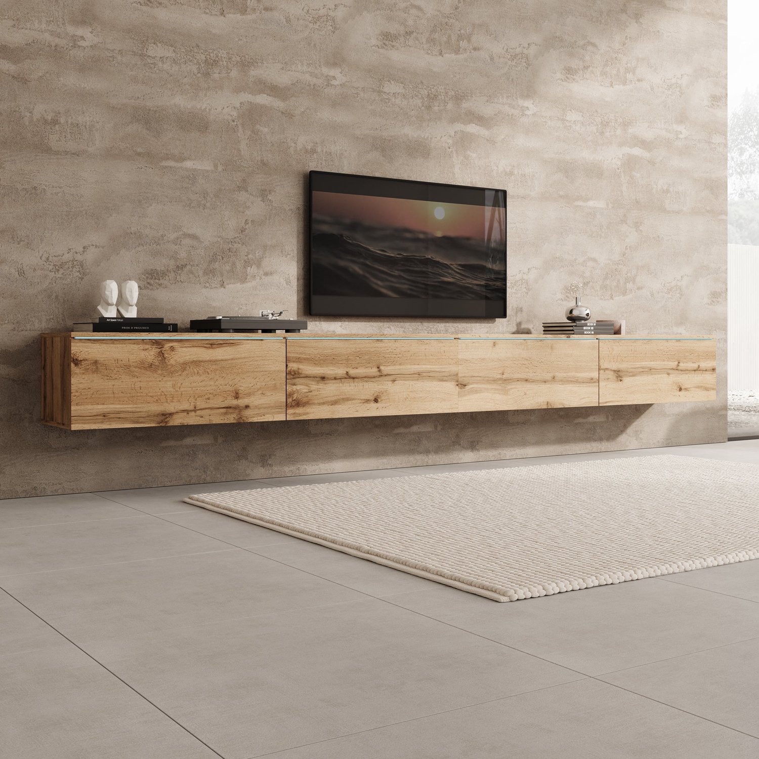 MEUBELLA Verity - TV-Meubel met LED - Eikenpatroon - 300x33x32 cm Bruin