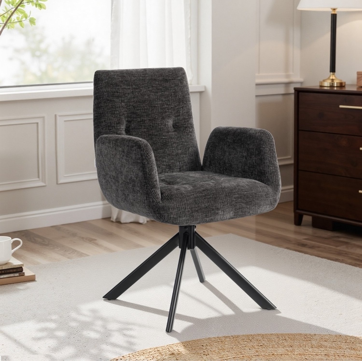 STILVORA Fauteuil 60 x 61 x 88 cm - 360 Graden Draaibaar met Armleuningen en Dik Zitkussen - Voor Woonkamer en Leeshoek - Stof - Zwart