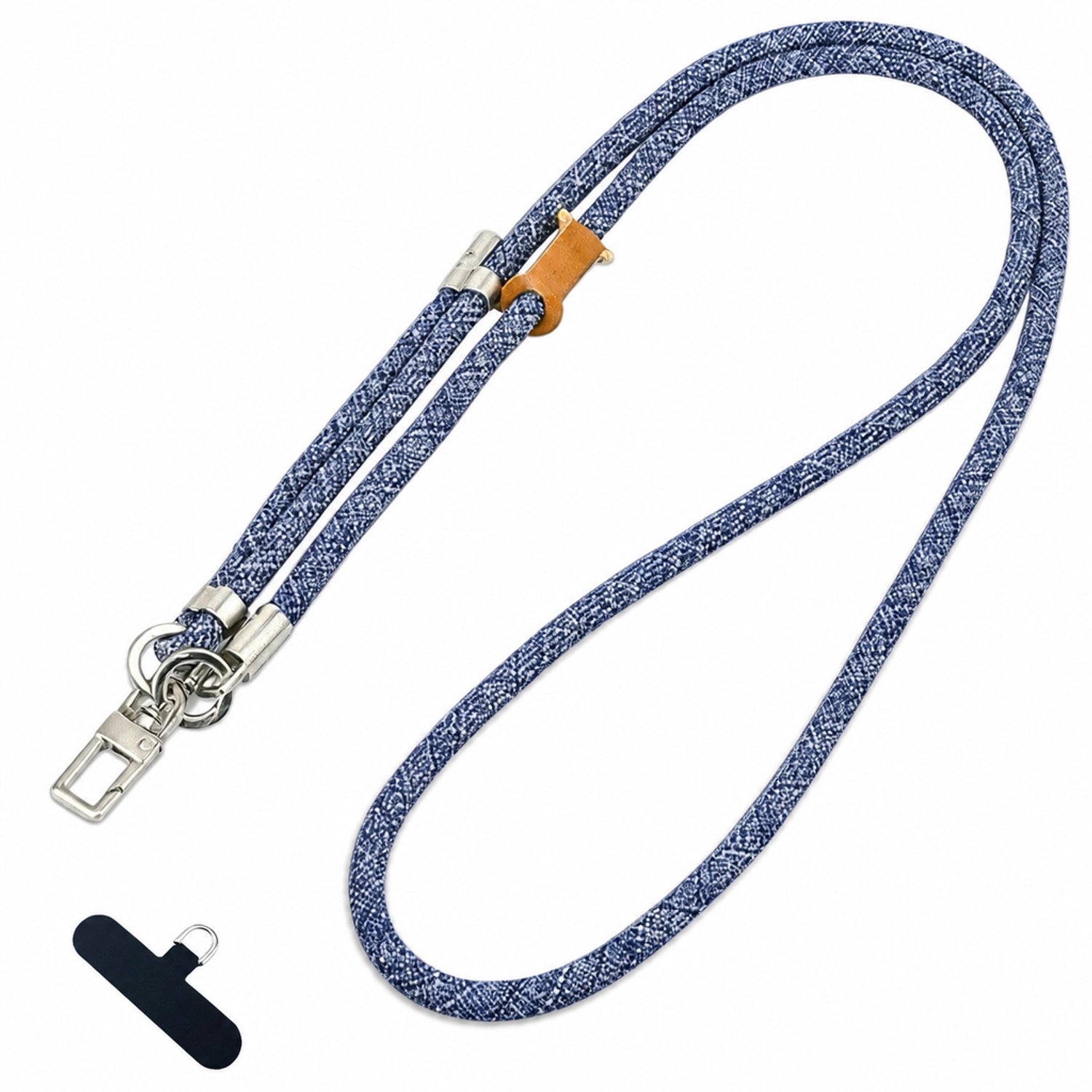 Telefoonkoord 150 cm verstelbaar, jeansblauw, voor om de nek of crossbody, met T-vormig bevestigingsplaatje