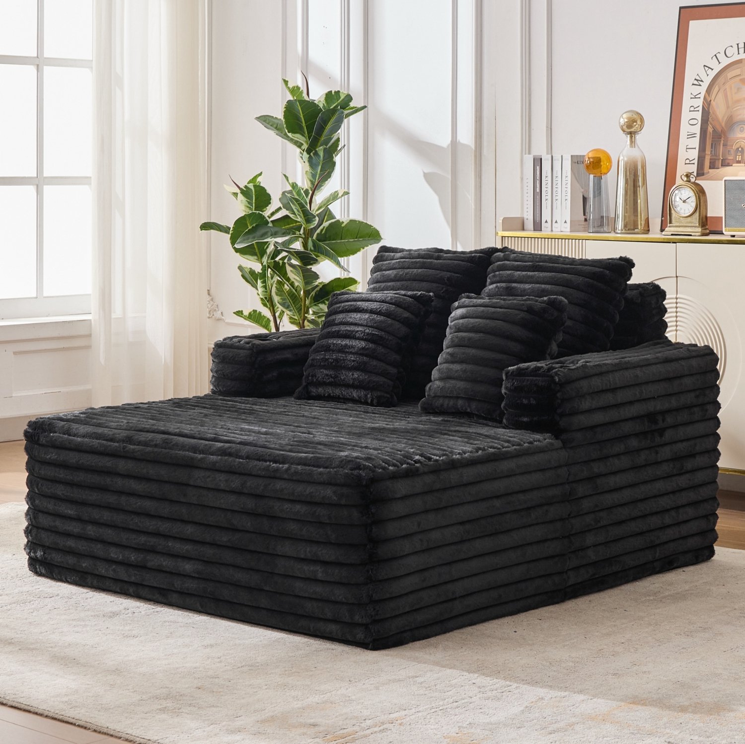 MODENUIT Chaise Longue - Bekerhouders in Armleuningen - Voor Woonkamer en Kantoor - Imitatiebont - Zwart