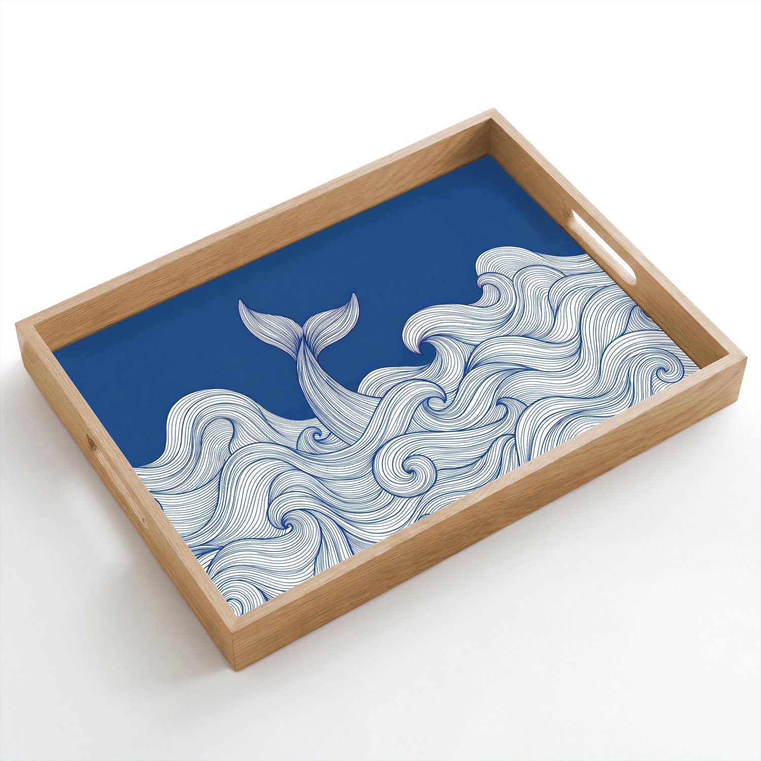 Dienblad hout 50x35 cm - Schootdienblad - Walvis - Staart - Golven - Lijntekening - Blauw - Borrelplank rechthoek - Plateau dienbladen