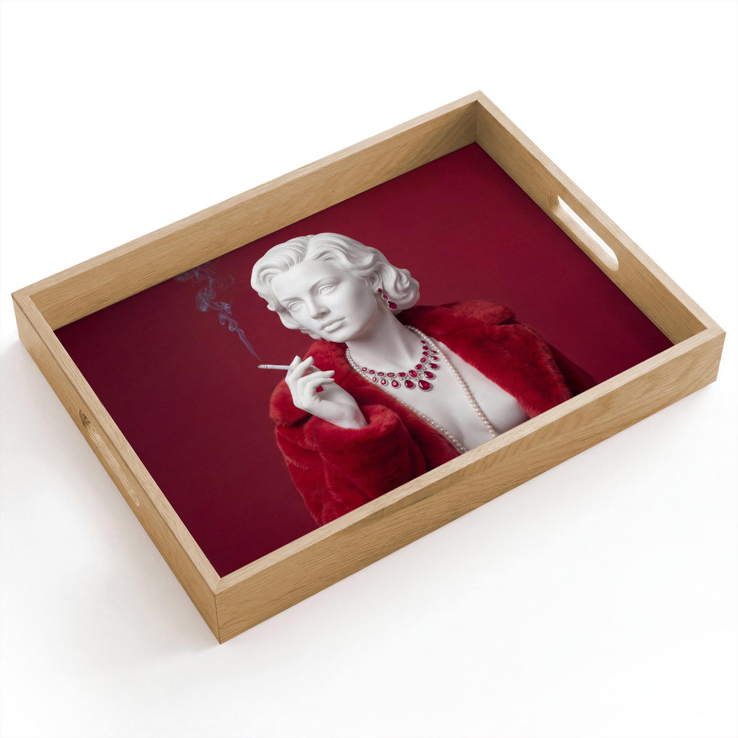 Dienblad hout 40x30 cm - Schootdienblad - Vrouw - Bontjas - Mode - Klassiek - Rood - Borrelplank rechthoek - Plateau dienbladen