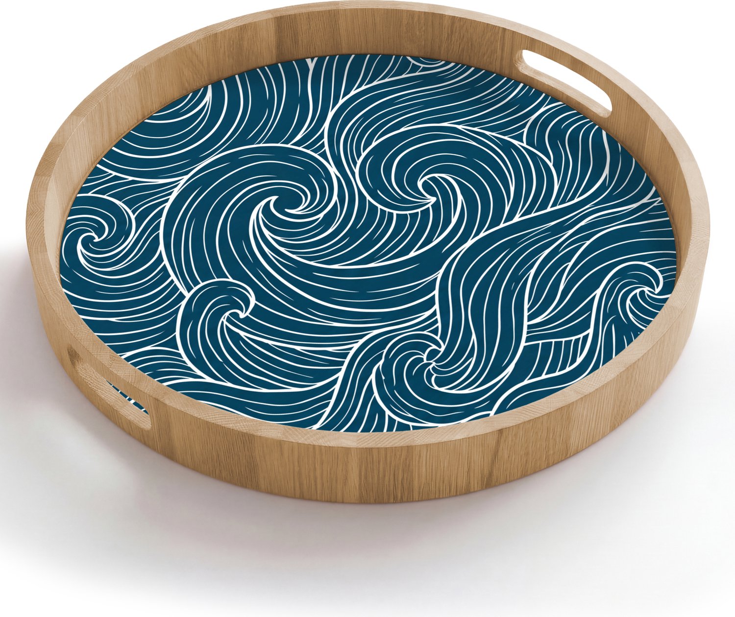Dienblad rond 50x50 cm - Schootdienblad hout - Golven - Spiraal - Water - Abstract - Blauw - Borrelplank rechthoek - Plateau houten dienbladen