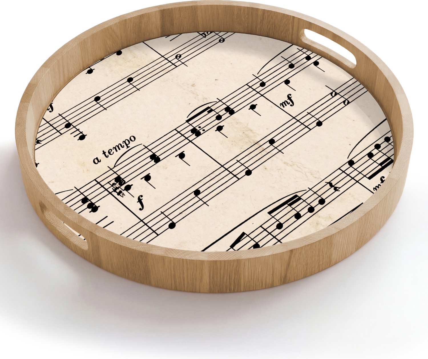 Dienblad rond 50x50 cm - Schootdienblad hout - Muzieknotatie - Notenbalken - Kunst - Klassiek - Beige - Borrelplank rechthoek - Plateau houten dienbladen