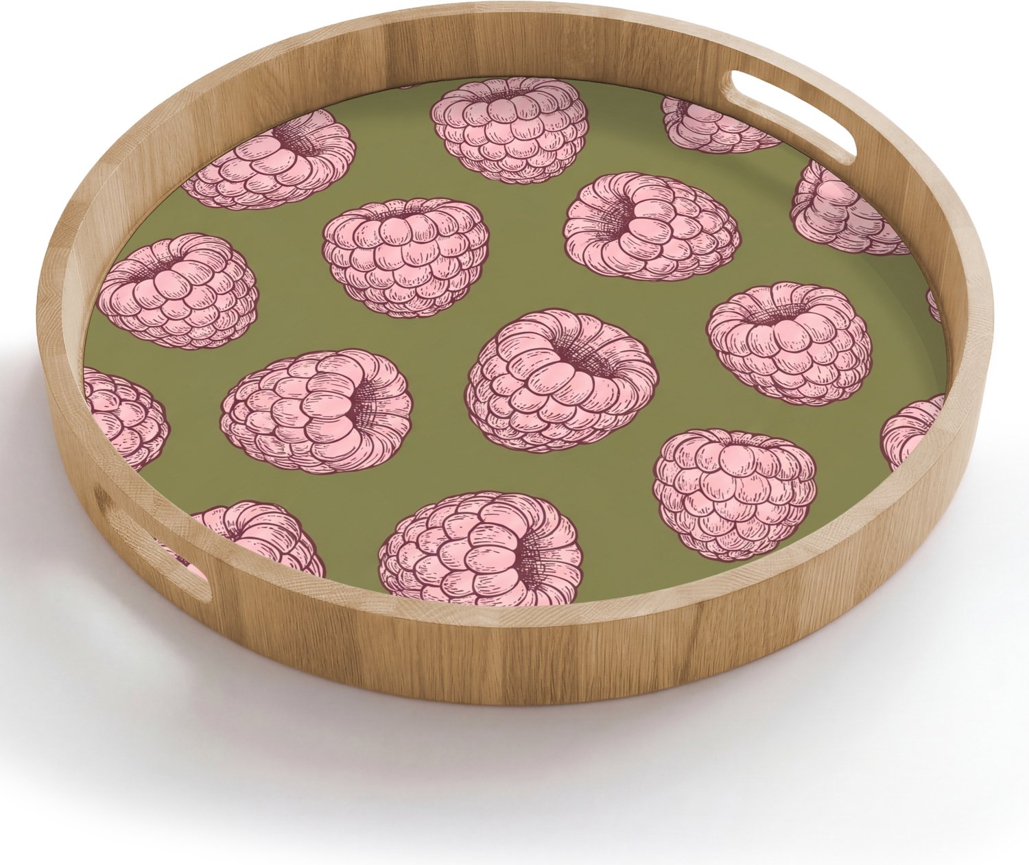 Dienblad rond 50x50 cm - Schootdienblad hout - Eten - Patroon - Illustratie - Roze - Groen - Borrelplank rechthoek - Plateau houten dienbladen