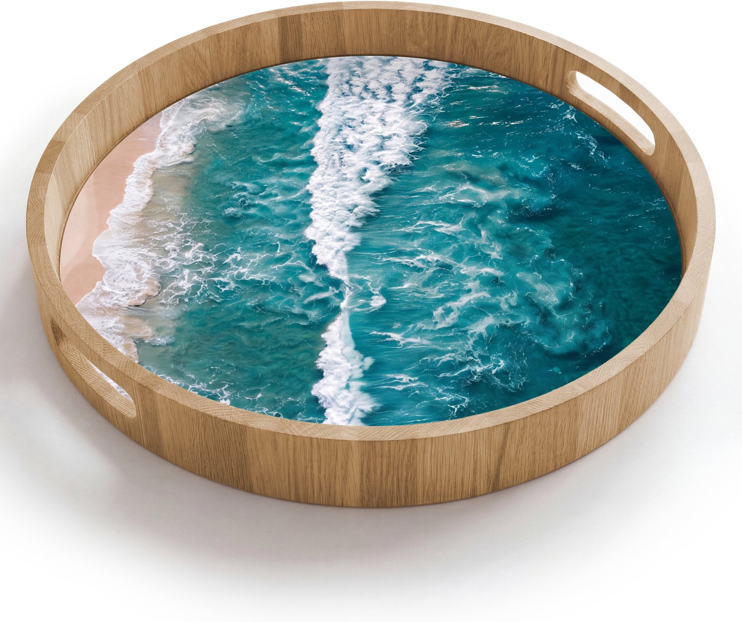 Dienblad rond 40x40 cm - Schootdienblad hout - Zee - Strand - Golven - Natuur - Blauw - Borrelplank rechthoek - Plateau houten dienbladen