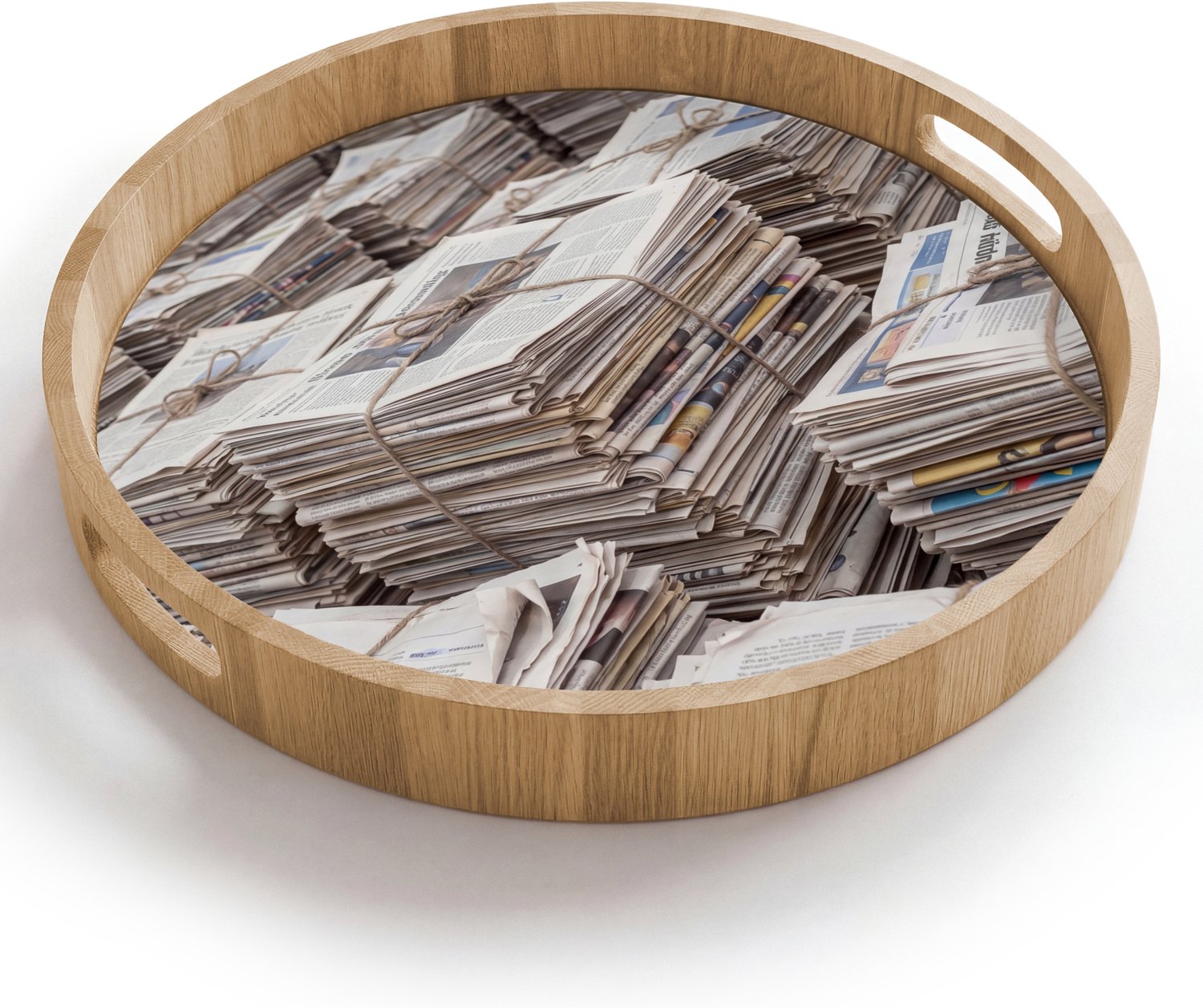 Dienblad rond 40x40 cm - Schootdienblad hout - Kranten - Stapels - Touw - Informatie - Vintage - Borrelplank rechthoek - Plateau houten dienbladen