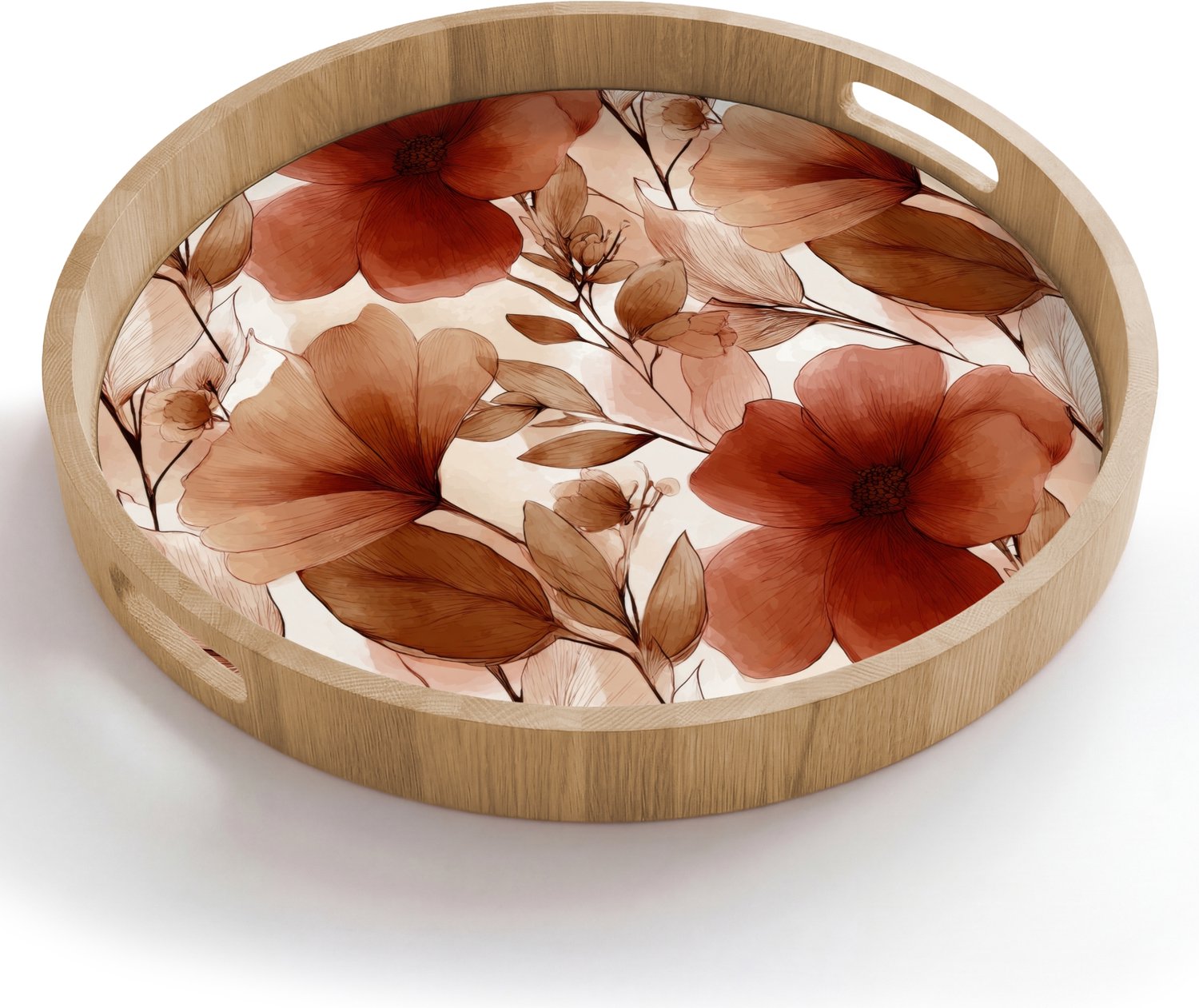 Dienblad rond 50x50 cm - Schootdienblad hout - Bloemen - Aquarel - Botanisch - Terracotta - Borrelplank rechthoek - Plateau houten dienbladen