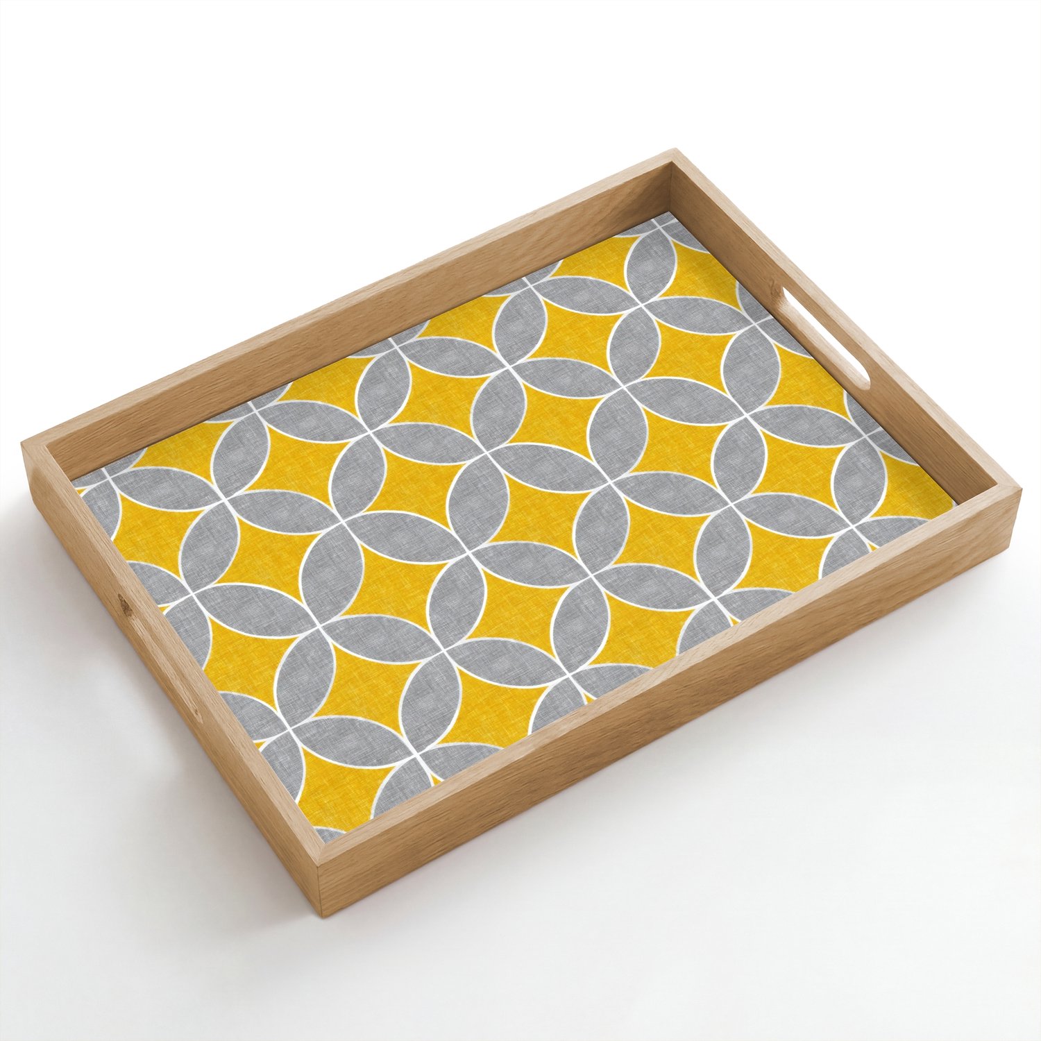 Dienblad hout 50x35 cm - Schootdienblad - Geometrisch - Cirkels - Textuur - Grijs - Geel - Borrelplank rechthoek - Plateau dienbladen