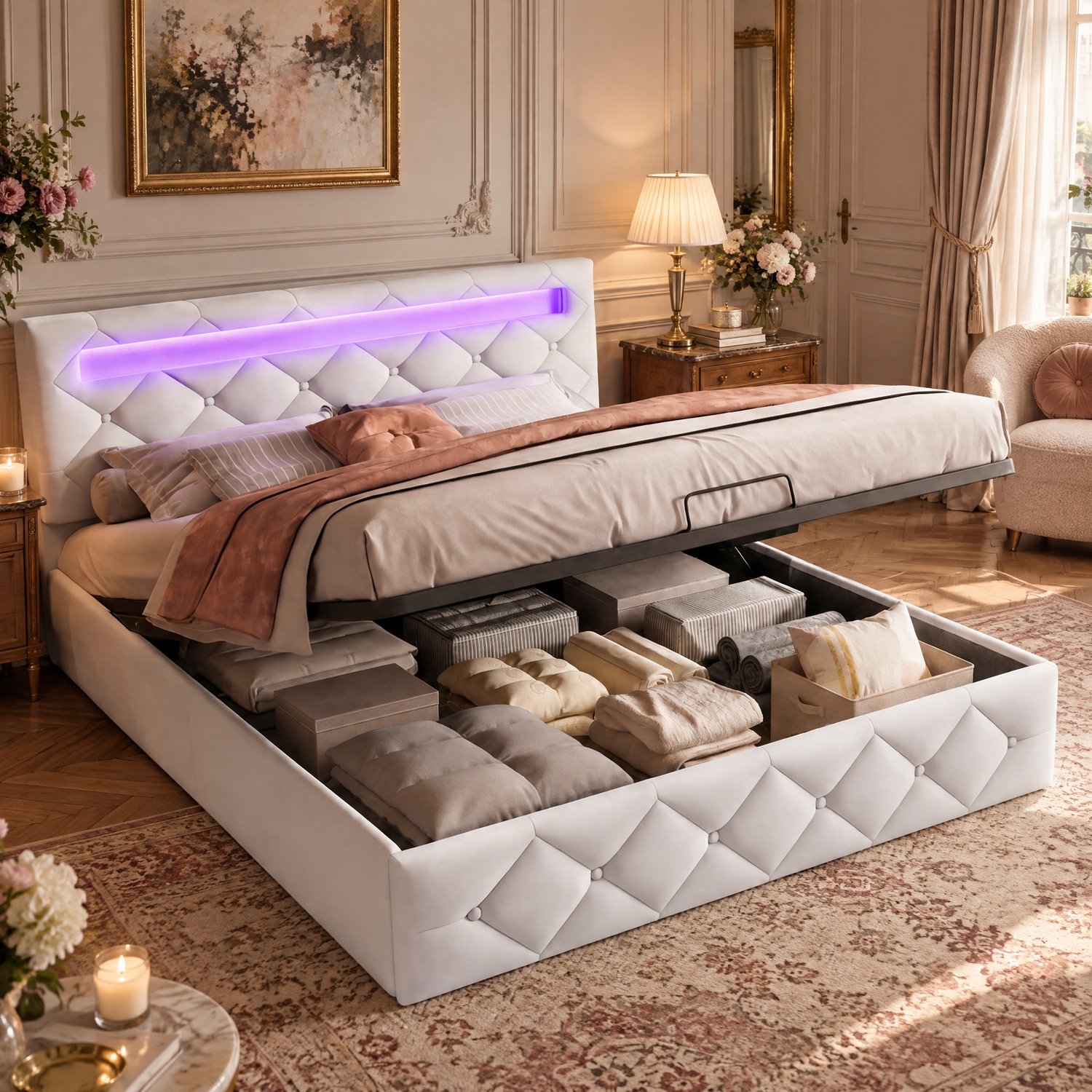 MEXUS Opbergbed 140x200 cm met ledverlichting - Tweepersoonsbed met verstelbaar, gewatteerd hoofdeinde - Bed met opbergruimte en lattenbodem - fluweel Beige