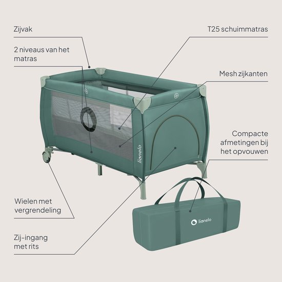 Groen Lionelo reisbedje met labels voor T25 schuimmatras, mesh zijkanten, wielen en zij-ingang.