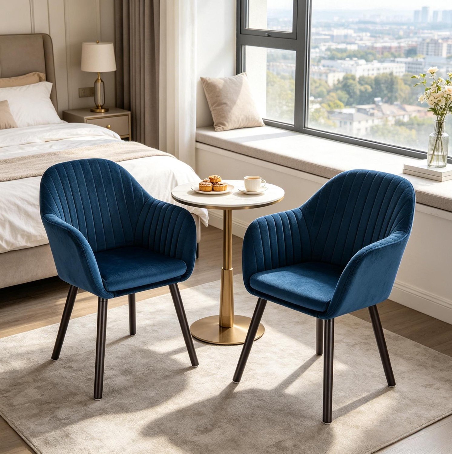 MODFU Eetkamerstoelen - Kuipstoelen Met Armleuningen - Set Van 2 - Fluweel En Hout - Blauw En Zwart