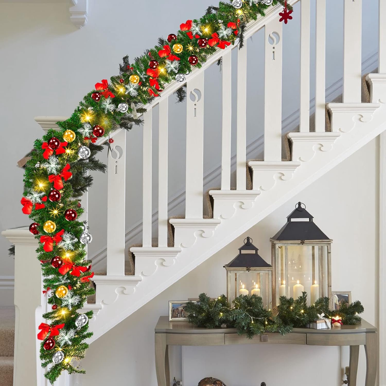 Kerstguirlande met Verlichting - 5 Meter - Groene Kunstdennen Slinger met 100 Warmwitte LED-lampjes en 8 Lichtstanden - Voor Trap en Schouw – foto 2