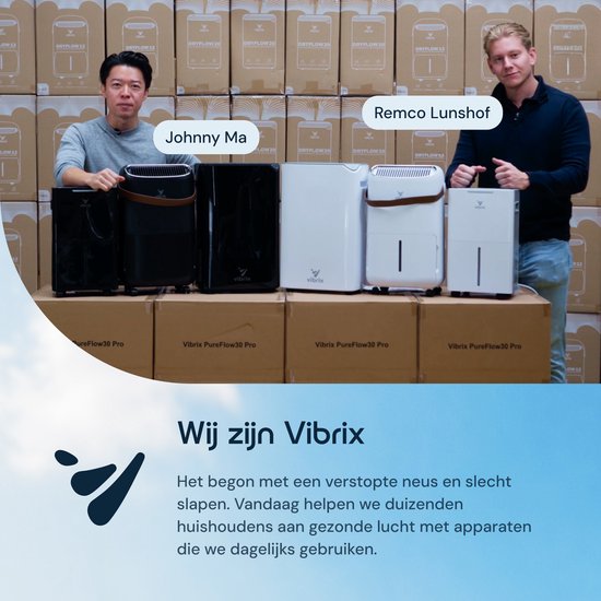 De oprichters van Vibrix, Johnny Ma en Remco Lunshof, voor een voorraad van Vibrix luchtreinigers.