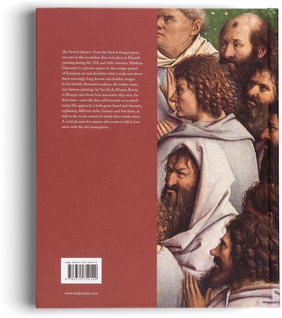 Achterkant van het boek met een tekstblok en een detail van een groep biddende figuren.