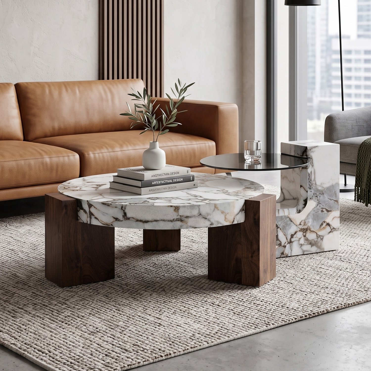 STILVORA Bijzettafelset - Twee Ronde Tafels Met Marmerlook En Grijs Glas - Voor de Woonkamer - MDF - Wit en Houtkleur - Diameters 61 en 44 Cm