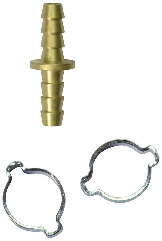 Messing slangpilaar van 6 mm met twee bijbehorende zilverkleurige metalen slangklemmen.