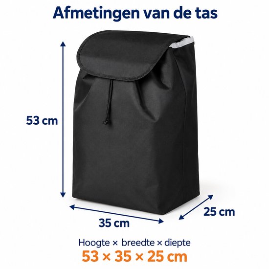 Afmetingen van de tas: 53 cm hoog, 35 cm breed en 25 cm diep.