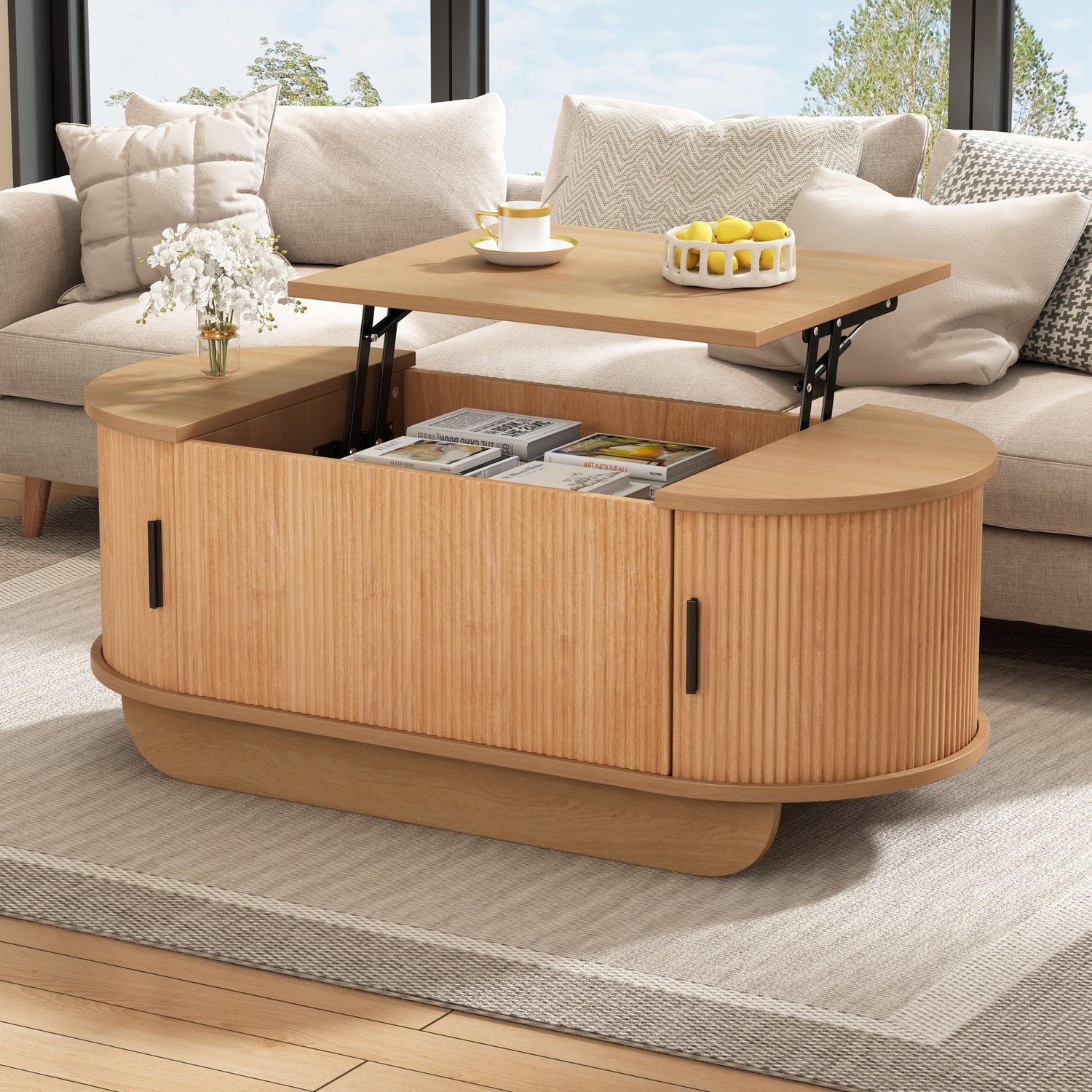 STILVORA Salontafel - In Hoogte Verstelbaar Met Opbergruimte En Roldeuren - Voor de Woonkamer - MDF in Houtkleur - 100 x 50 x 42 cm