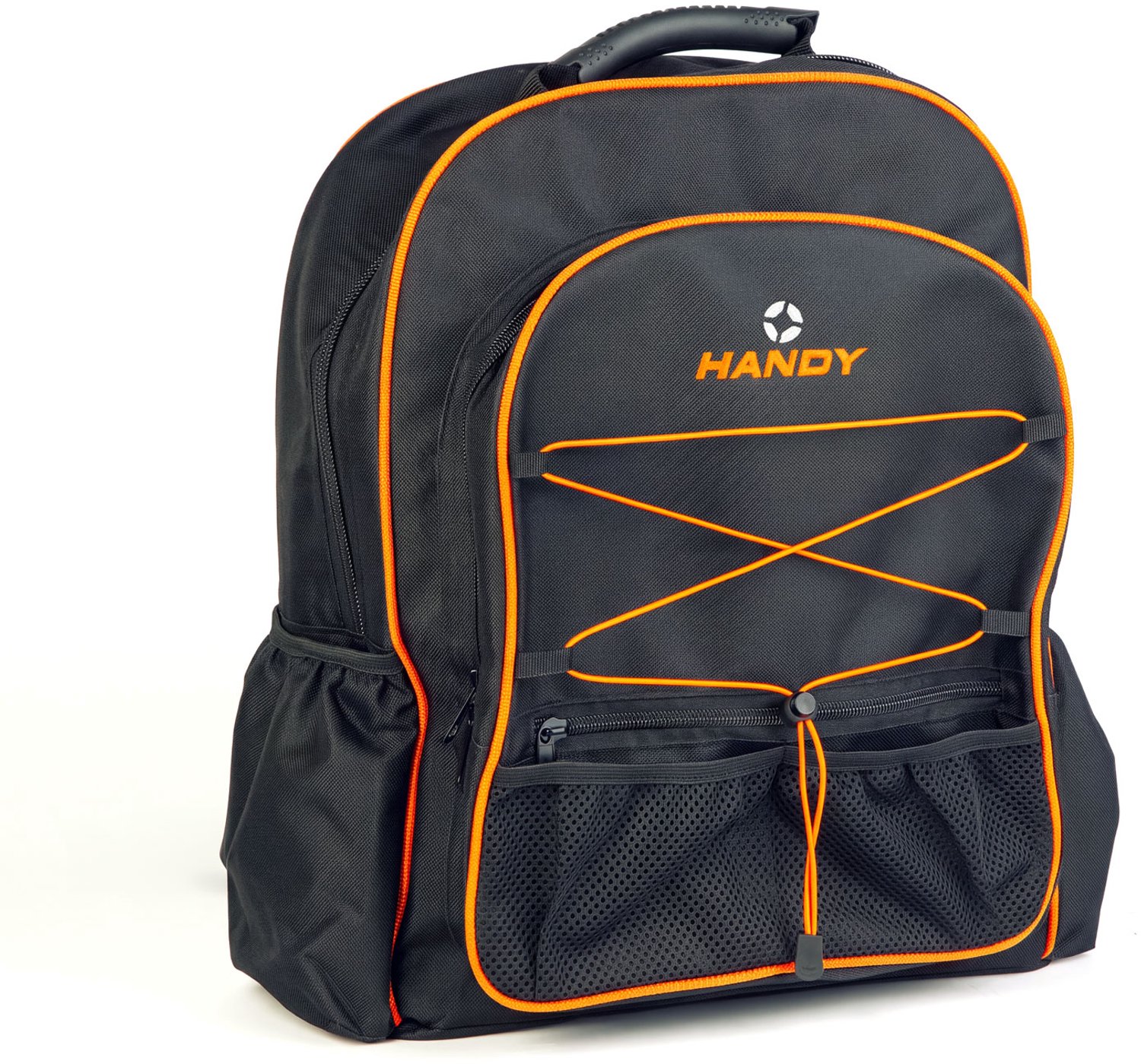 Handy Multifunctionele Rugzak - 600D Polyester - Oranje/Zwart - 34,5 x 43 x 14 cm - 2 Compartimenten, Voorvak Met Rits, 2 Elastische Zijvakken & 2 Mesh Voorvakken - Max. 15 kg Draagvermogen [10233]