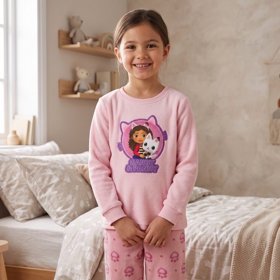 Een kind draagt een roze Gabby's Dollhouse fleece pyjama met een afbeelding van Gabby en Pandy.