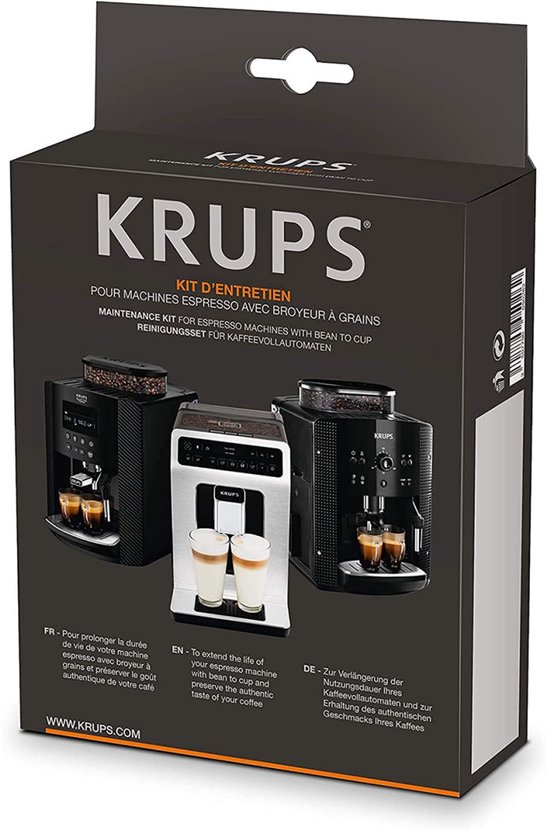 Zwarte verpakking van Krups onderhoudskit voor espressomachines met drie koffiezetapparaten afgebeeld.