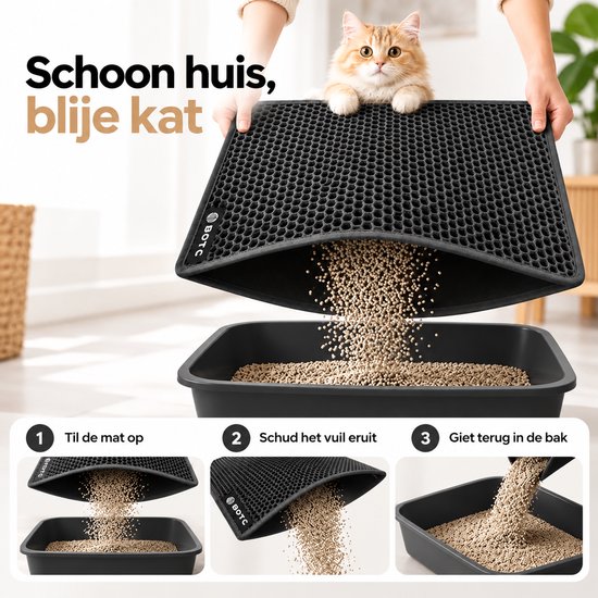 Zwarte BOTC kattenbakmat met honingraatstructuur wordt geleegd boven een kattenbak, ondersteund door 3 stappen.