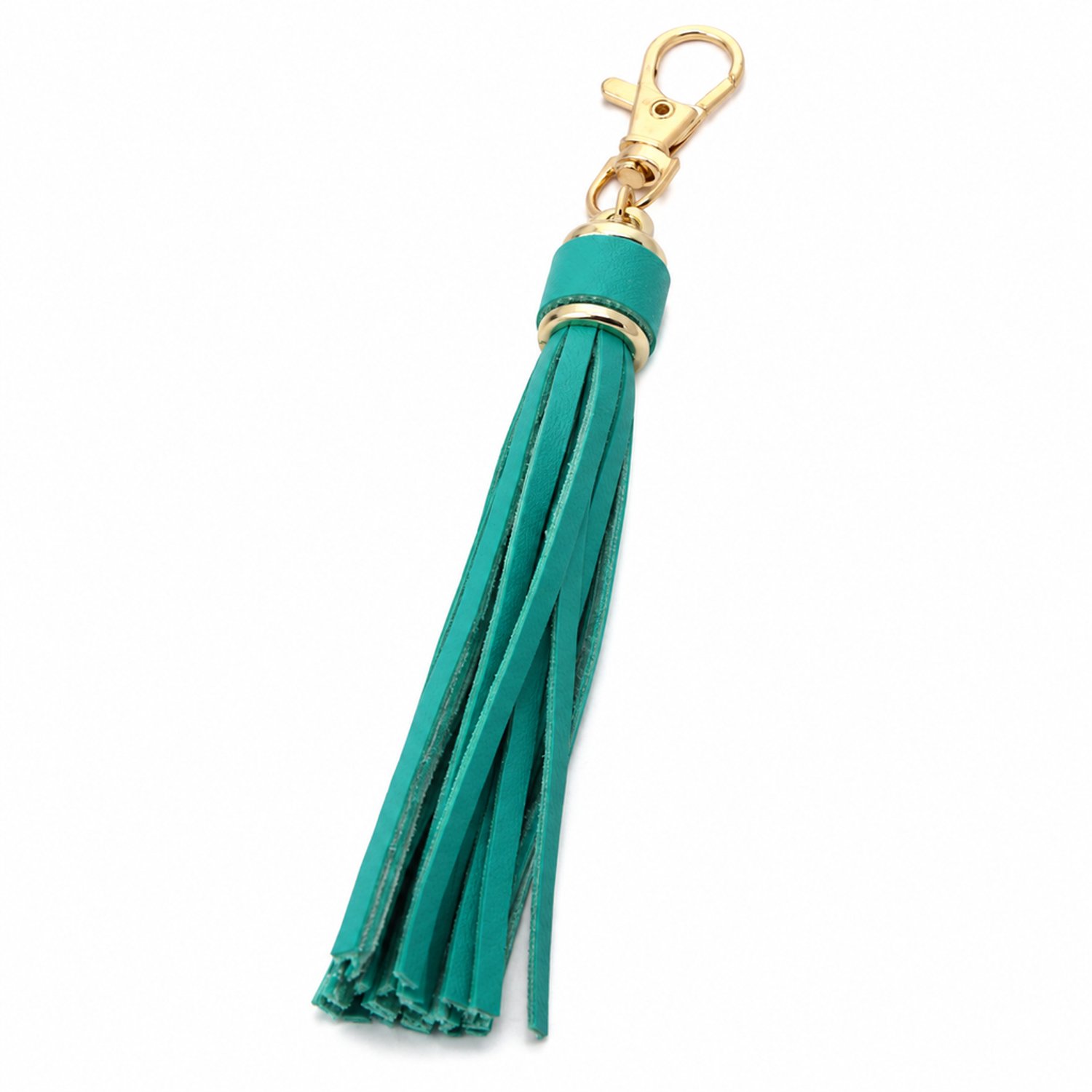 Sleutelhanger met PU-leren kwast en karabijnsluiting, turquoise met goudkleurige details, afzonderlijk verpakt