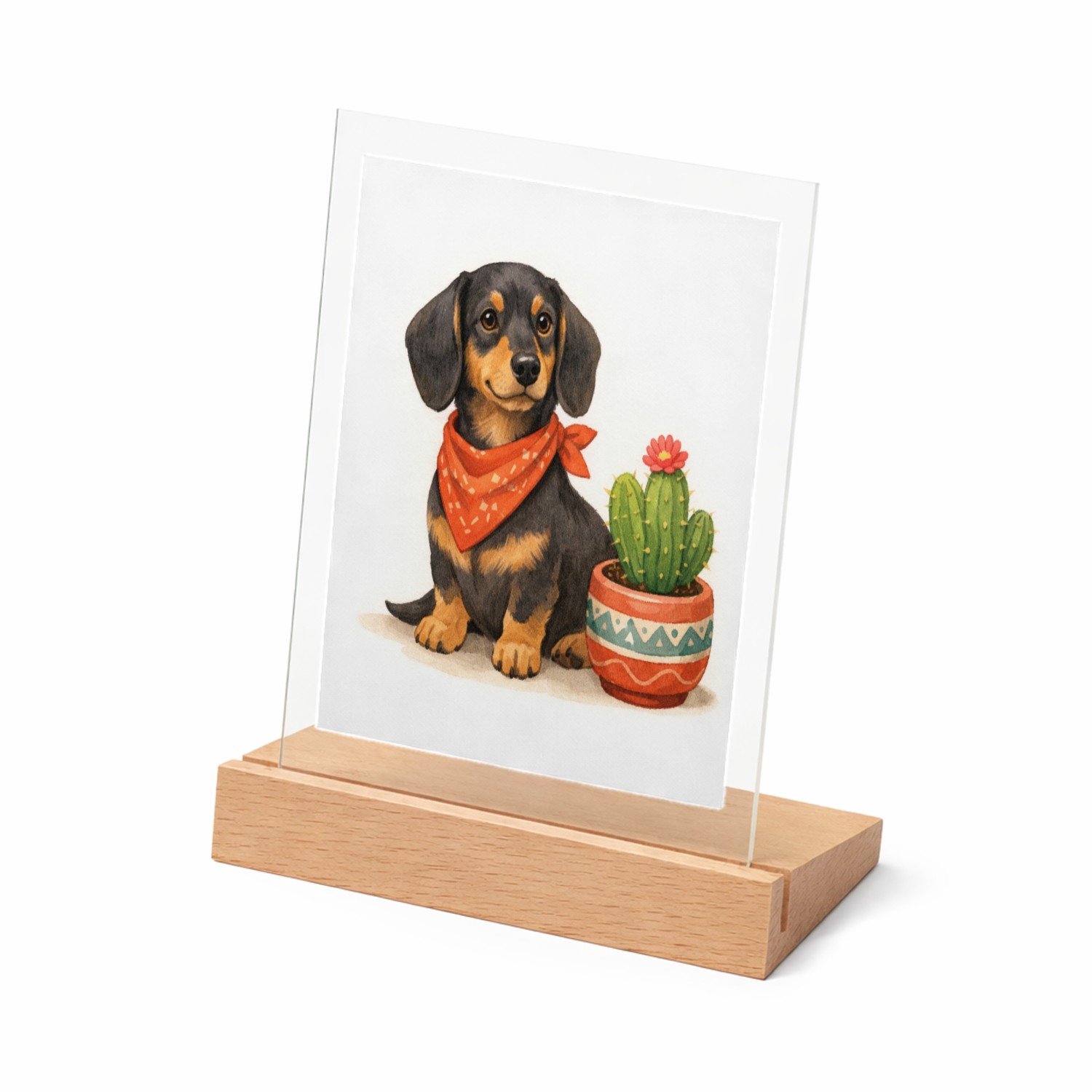 Mr Cadeautjes Glasframe met vaste tekst - design Een eigenwijze teckel met een bandana, naast een kleine cact | cadeau Wit