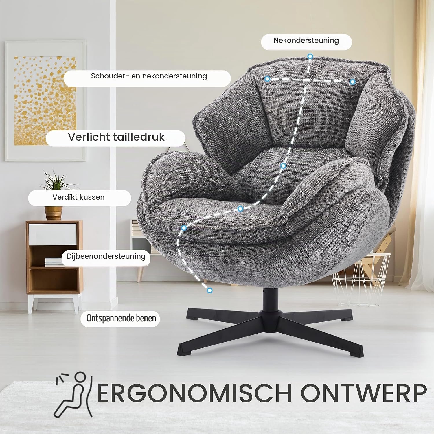 Draaibare Fauteuils Set van 2 Grijs – Comfortabele Gestoffeerde Relaxstoelen met 360° Draaifunctie, Zachte Stoffen Bekleding, Hoge Rugleuning, Stevige Metalen Poten en Verstelbare Voetjes, Maximaal Draagvermogen 180 kg, 86 x 76 x 85 cm