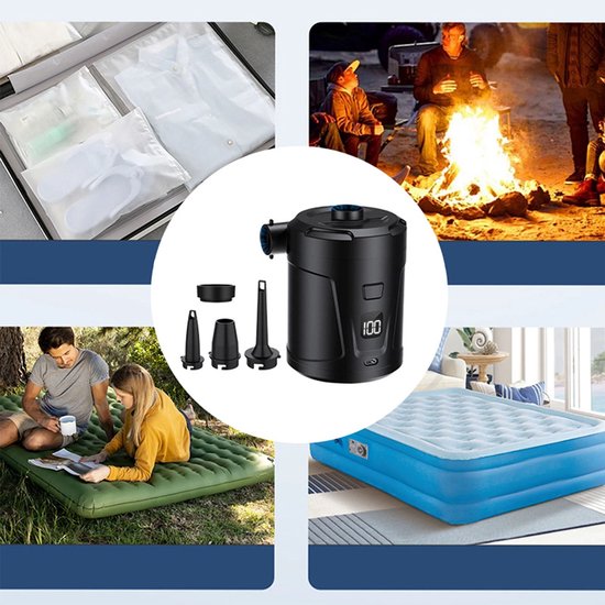 4-in-1 elektrische luchtpomp - Voor opblazen en leeglaten - Draagbaar voor buiten - USB oplaadbaar - 5200 mAh - Inclusief 4 accessoires en LED-scherm - Geschikt voor zwembaden, boten, kampeeruitrusting en luchtmatrassen - Lange batterijduur - Zwart — afbeelding 4