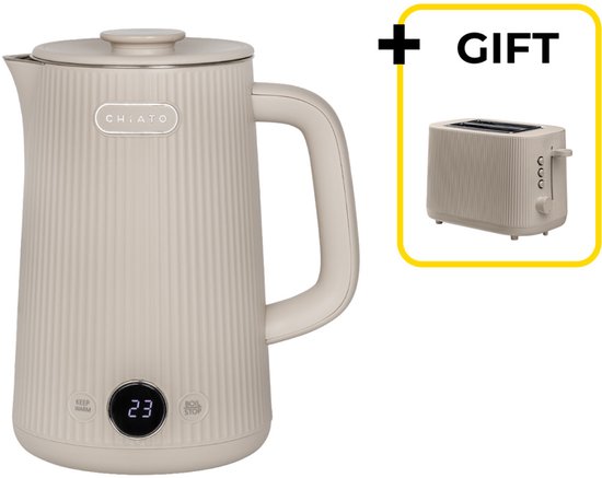 Lichtzandkleurige, geribbelde waterkoker met digitaal display en gratis broodrooster cadeau.