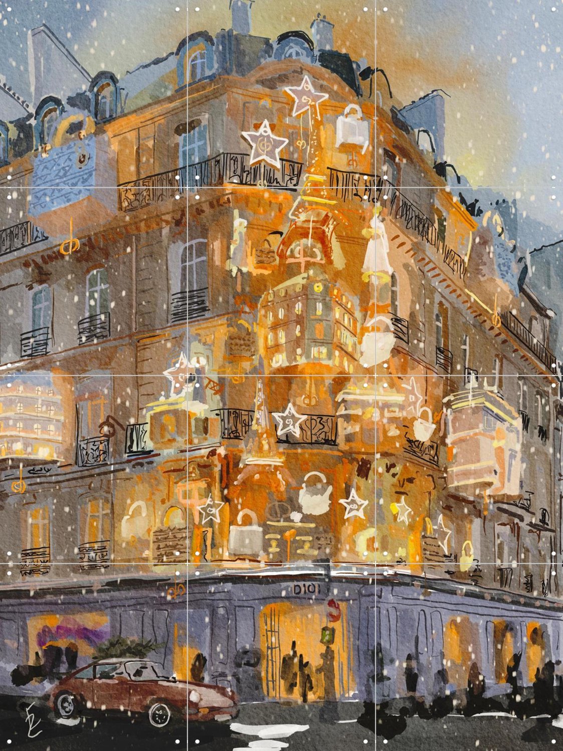 IXXI Christmas Dior, Ekaterina Zagorska - 60 x 80 cm - Grote wanddecoratie en posters - Schilderijen, Woonkamer, Gang, Sneeuw, Kerst, Gebouwen Geel