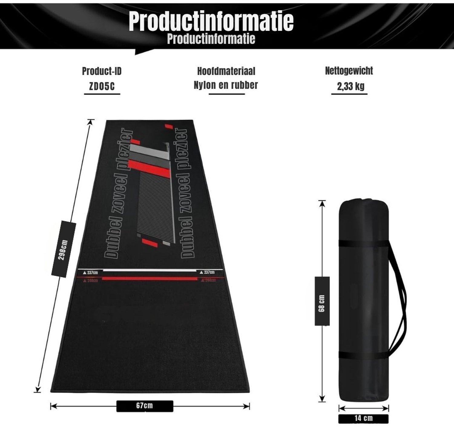 Dartmat - Dartmat - Dartsmat - Dartmat Met Oche - Zwart - 297cm x 66cm x 297cm