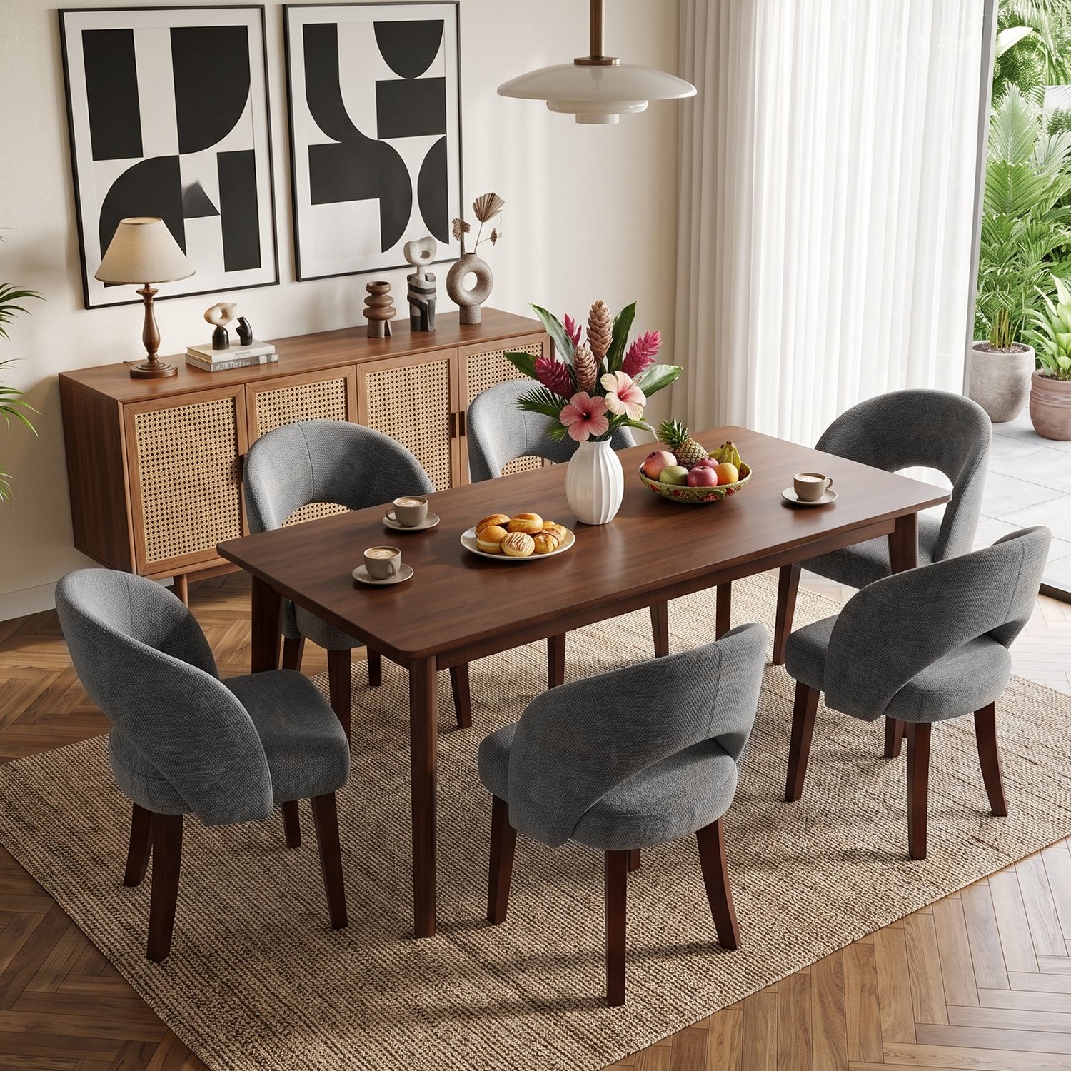 Puluomis Eetkamerstoelen - Set Van 6 - Chenille stof - Massief houten poten - Grijs