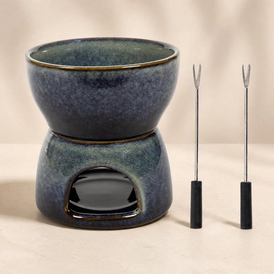 Bellatio Design Chocolade of kaas fondue set - met 2 vorken - blauw - porselein - voor 2 personen - moederdag - cadeau — afbeelding 5