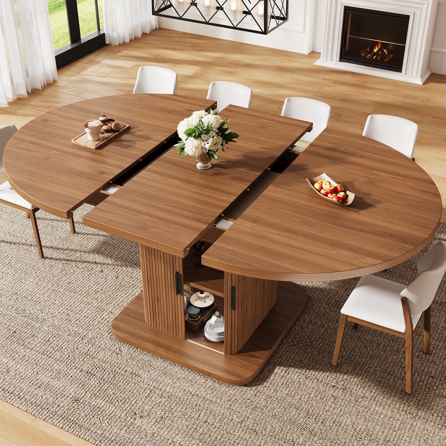 HAUSS SPOLE Uitschuifbare Eettafel - Ovale Tafel Met Schuifdeuren En Opbergruimte - Voor Eetkamer - MDF Met Houtlook - 110-149,8x110x75 Cm - Walnootkleur Wood