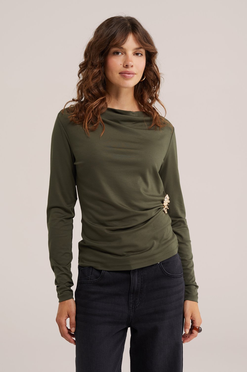 WE Fashion Dames jersey top met plooidetail en goud accent