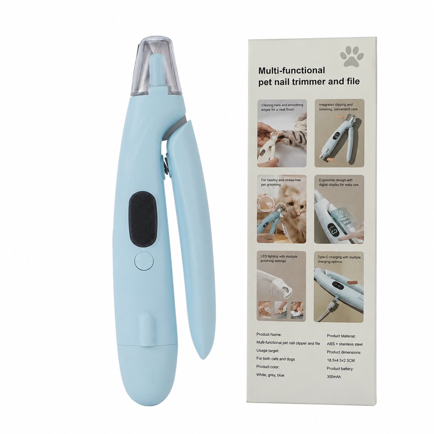 Elektrische nagelknipper met elektrische vijl voor huisdieren - 2-in-1, meerblauw - Type-C-oplaadbaar - Voor thuis - In kleurendoos
