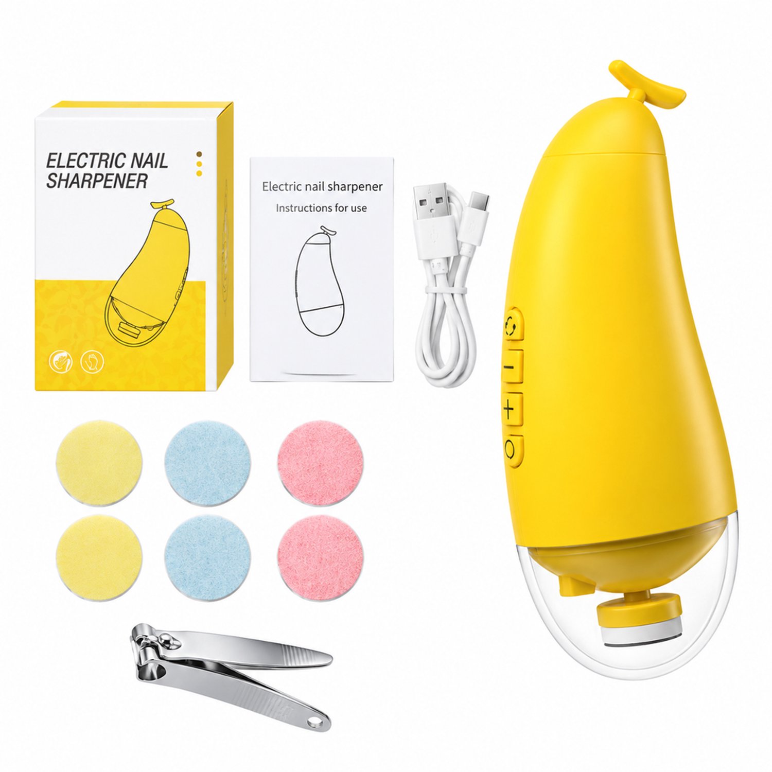 Elektrische nagelknipper - voor hand- en teennagels - automatisch knippen en vijlen - geel met Engelstalige verpakking, 6 vijlkoppen en oplaadkabel