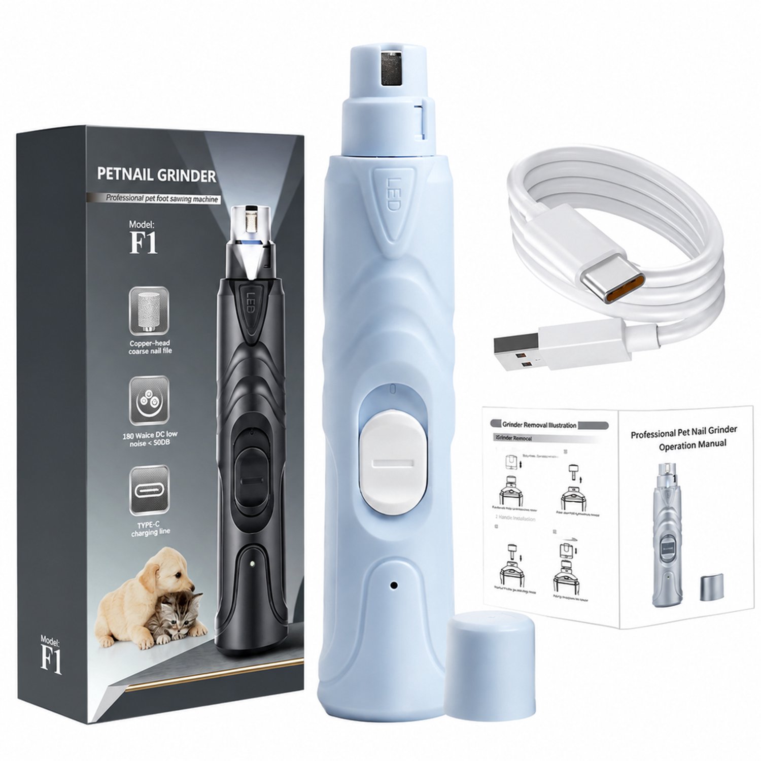 elektrische nageltrimmer voor huisdieren - nagelverzorging - blauwe uitvoering - individuele verpakking